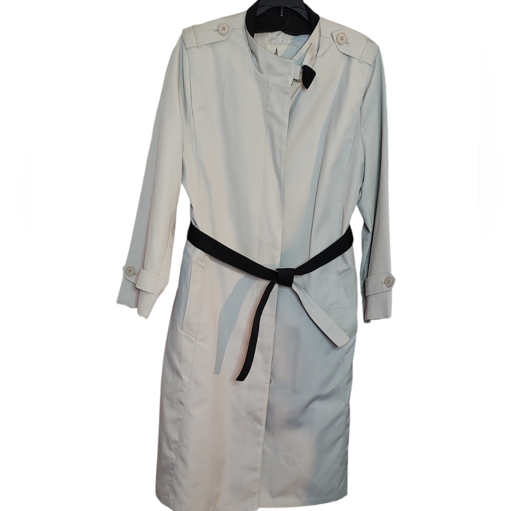 Cream & Black Vintage Misty Harbor Mid Calf Length Trench Coat sz 14 W/ Belt - Picture 2 of 10